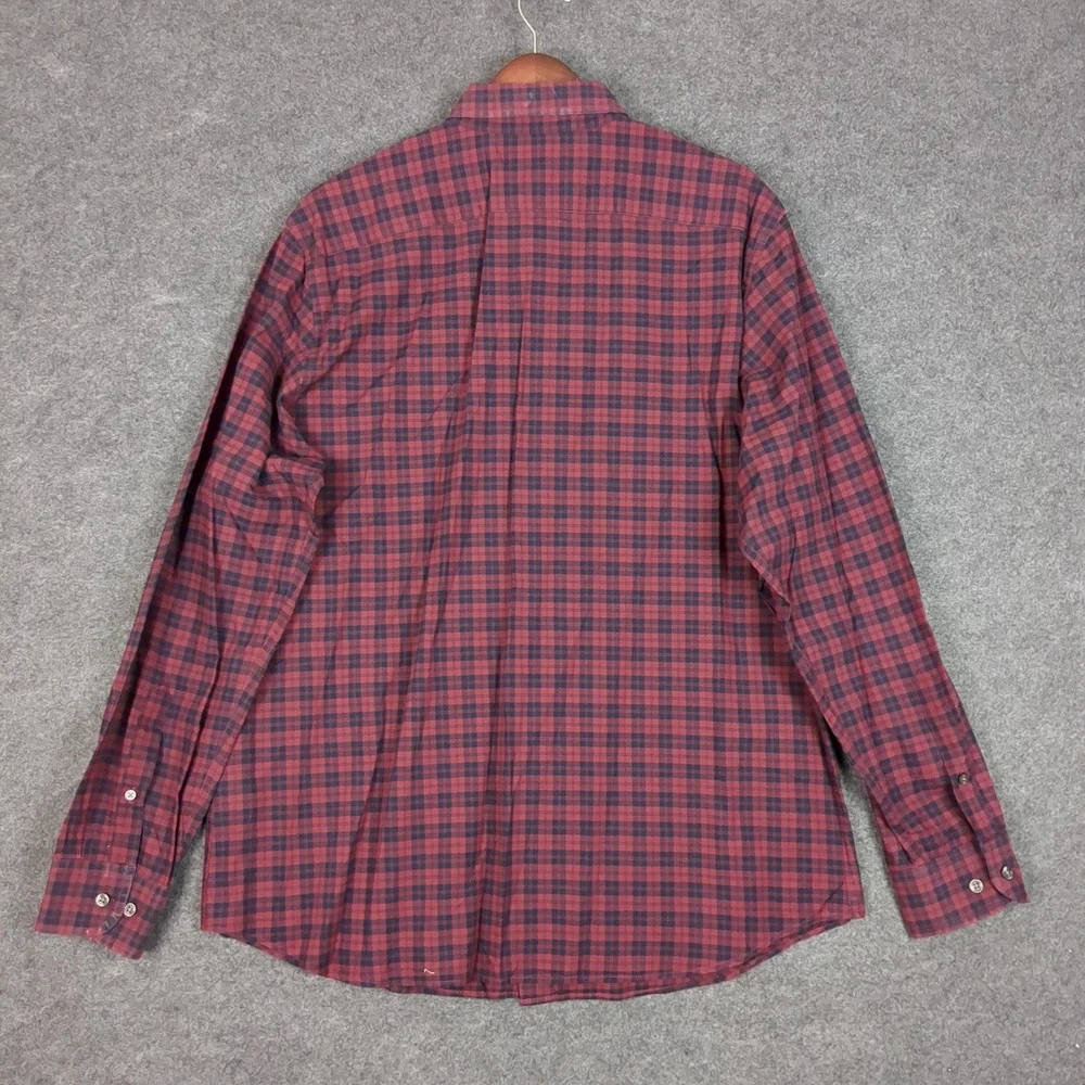 Banana Republic Mens Large Red Navy Plaid Stretch Soft Wash Standard Fit Shirt